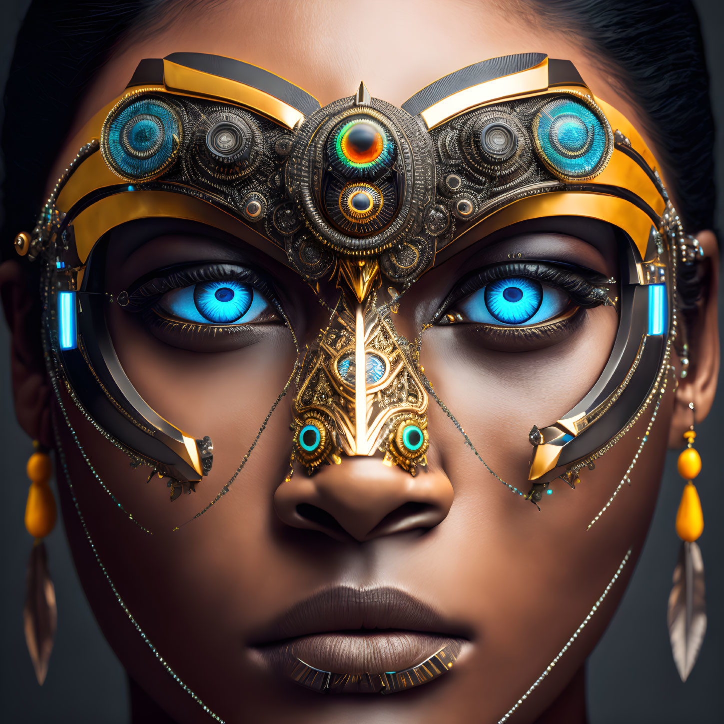 Blue-eyed woman in futuristic gold and bronze mask with mechanical elements