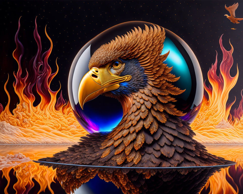 Majestic eagle in fiery landscape reflected in glossy sphere