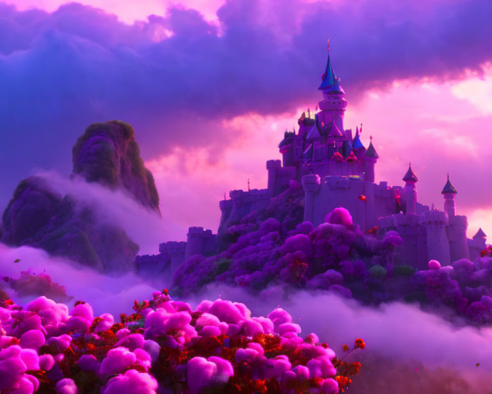 Fairytale castle above clouds, purple sky, lush greenery, magenta blooms