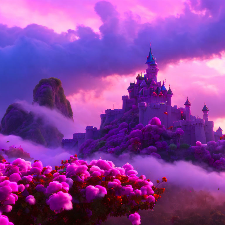 Fairytale castle above clouds, purple sky, lush greenery, magenta blooms