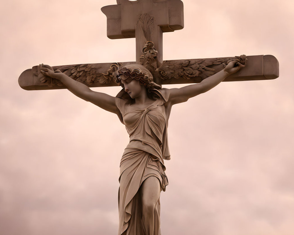 Bronze sculpture of blindfolded woman with cross under cloudy sky