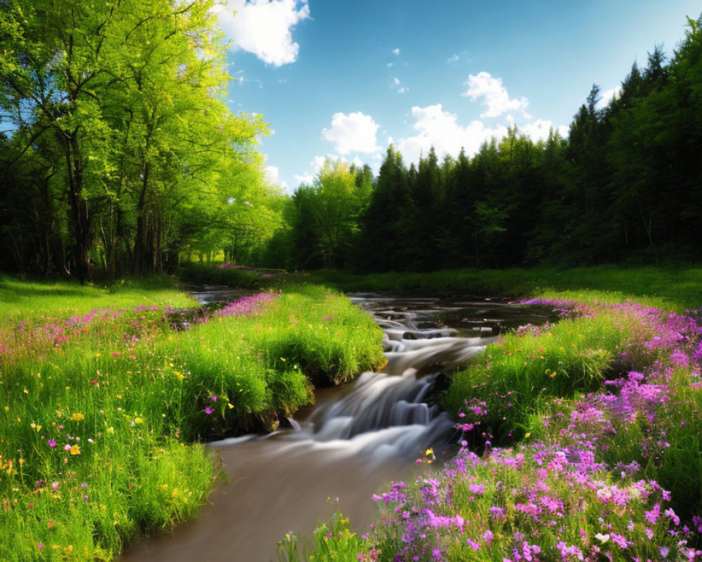 Scenic Landscape with Stream, Wildflowers, and Sunny Sky