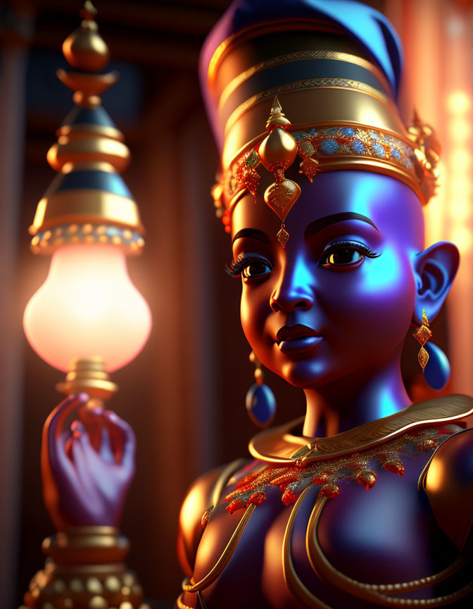 Blue-skinned figure with gold jewelry and lamp in 3D illustration