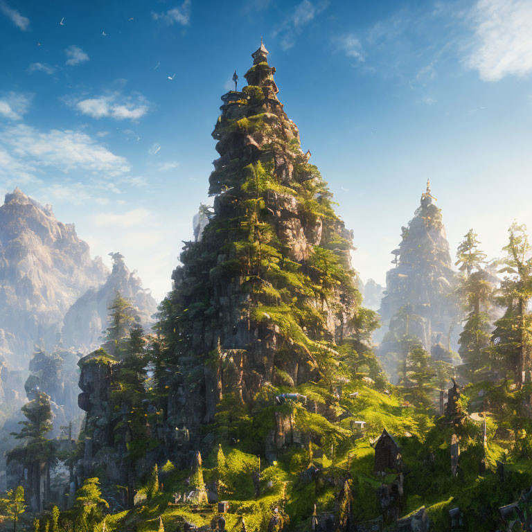 Fantastical landscape with green tower hill and pagoda under blue sky