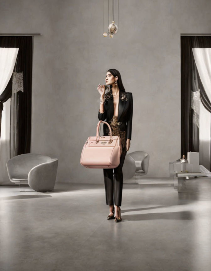 Woman in Black Attire Holding Pink Handbag in Chic Room