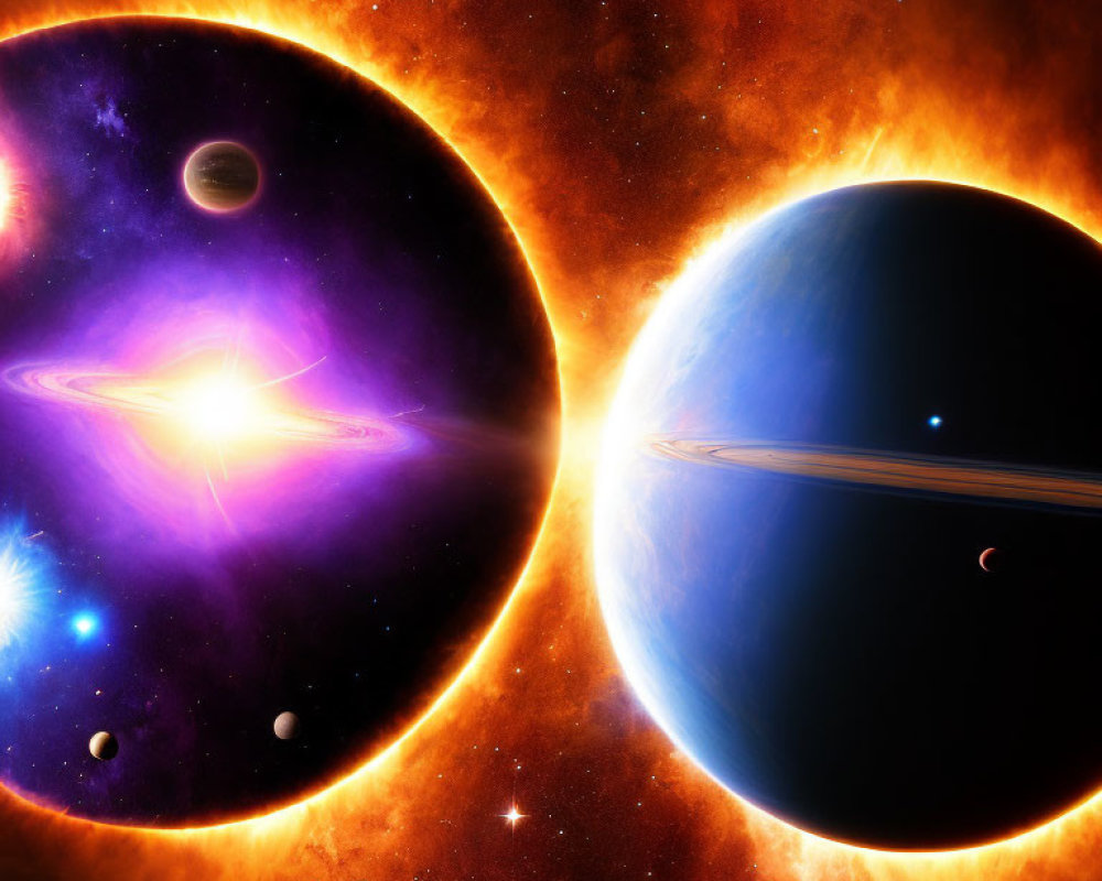 Fiery orange and cool blue planets in vibrant space scene