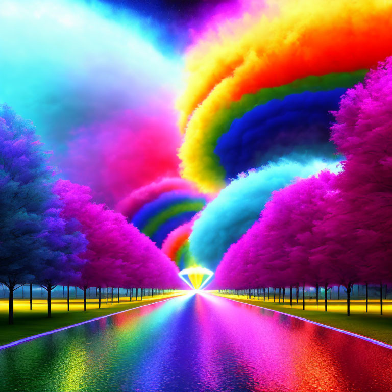 Colorful rainbow over tree-lined road with reflections