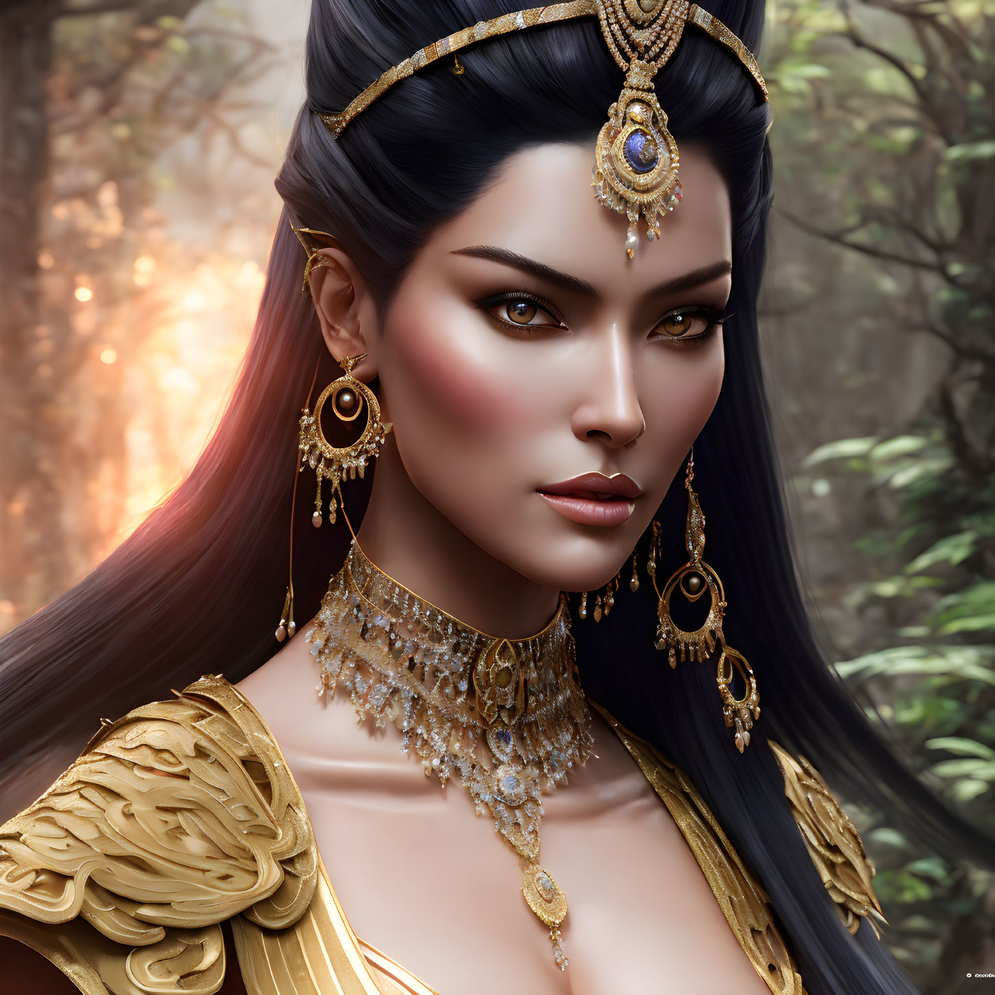 Woman adorned with gold jewelry in forest setting