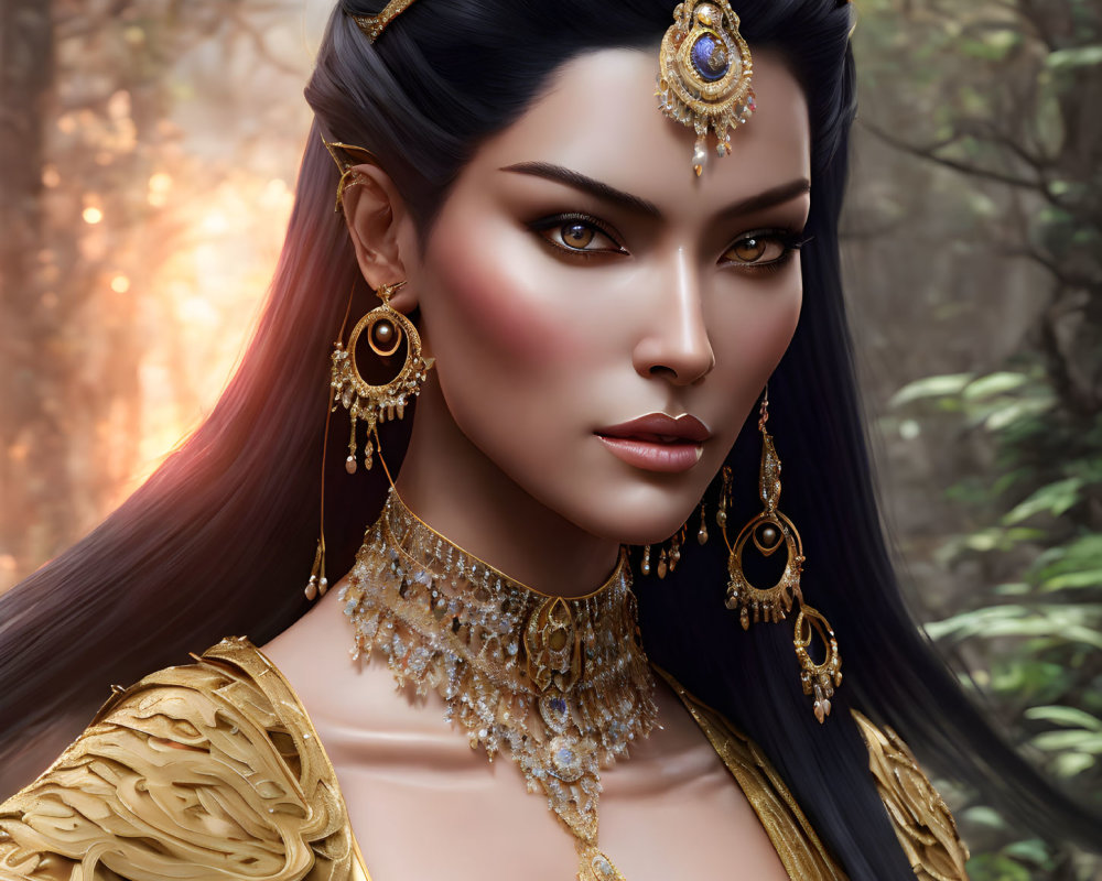 Woman adorned with gold jewelry in forest setting