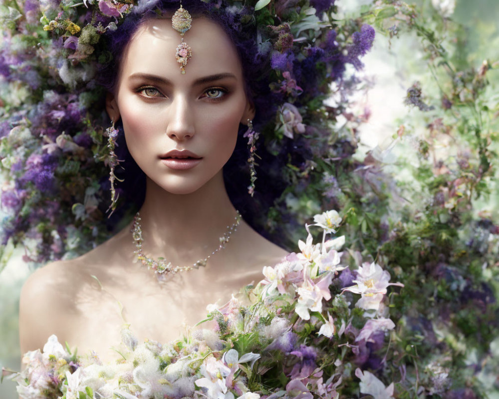 Woman with Striking Eyes in Lavish Floral Headpiece and Elegant Jewelry