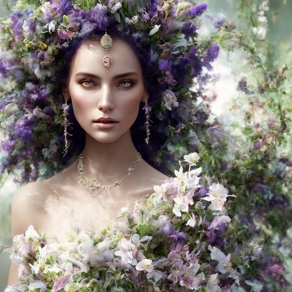 Woman with Striking Eyes in Lavish Floral Headpiece and Elegant Jewelry