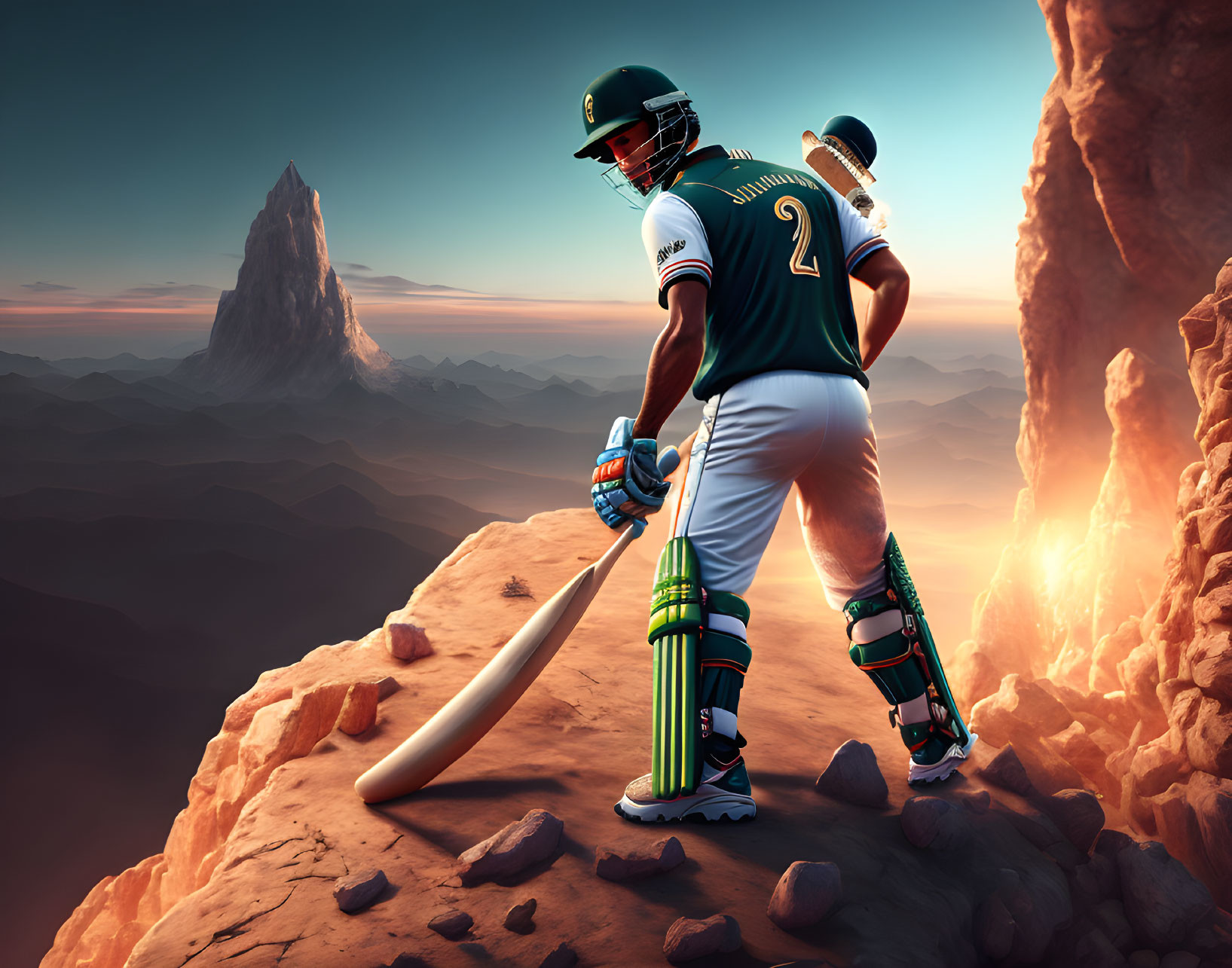 Cricketer in green and gold gear on rocky outcrop with mountain backdrop