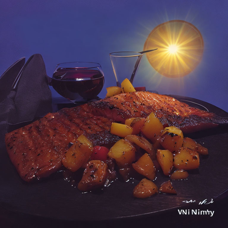 Elegant dinner setting with grilled salmon, mango, and red wine at sunset