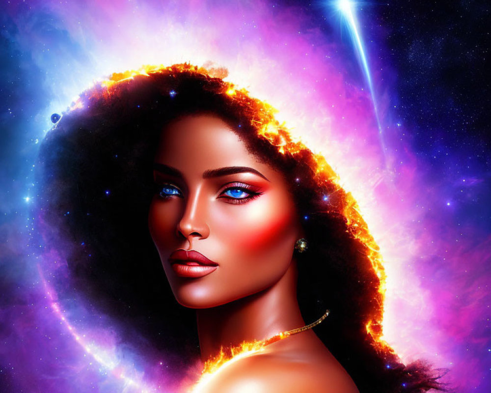 Vibrant cosmic digital artwork blending woman's face with stellar nebulas