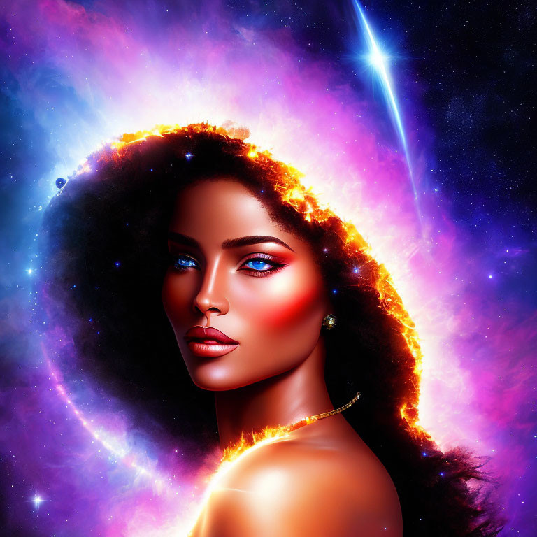 Vibrant cosmic digital artwork blending woman's face with stellar nebulas