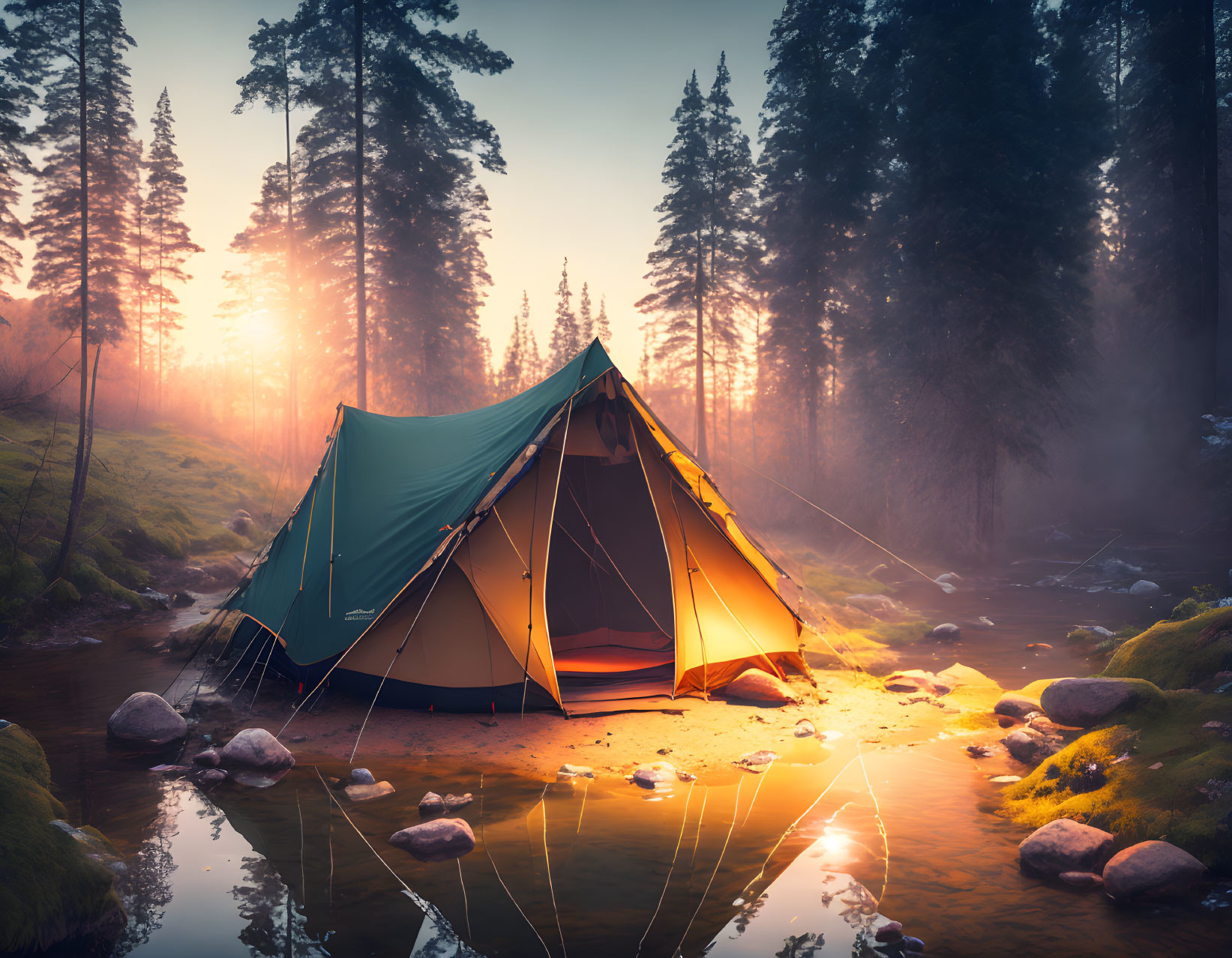 Sunrise scene: Glowing tent by serene stream in misty forest