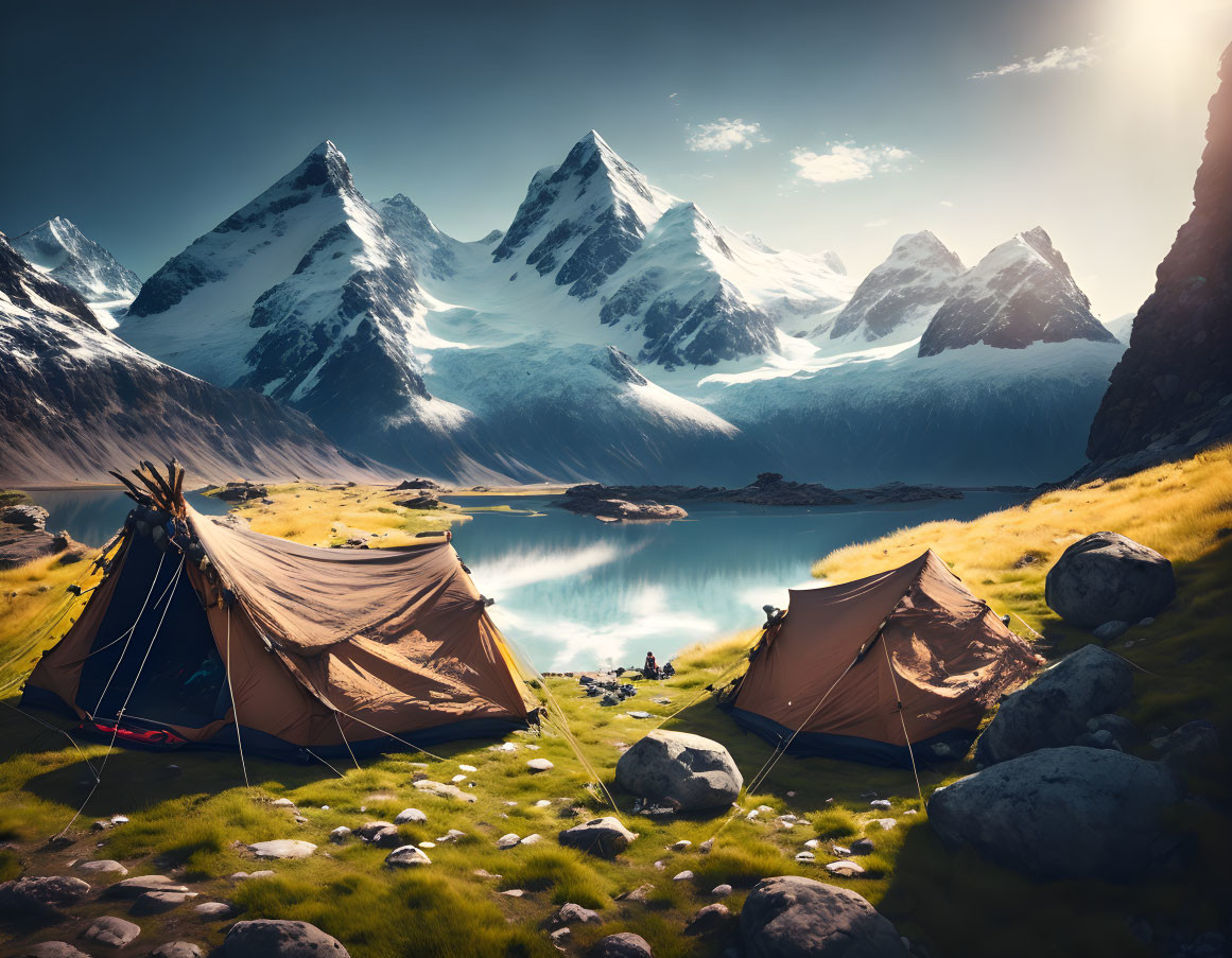 Camping tents on green field near mountain lake