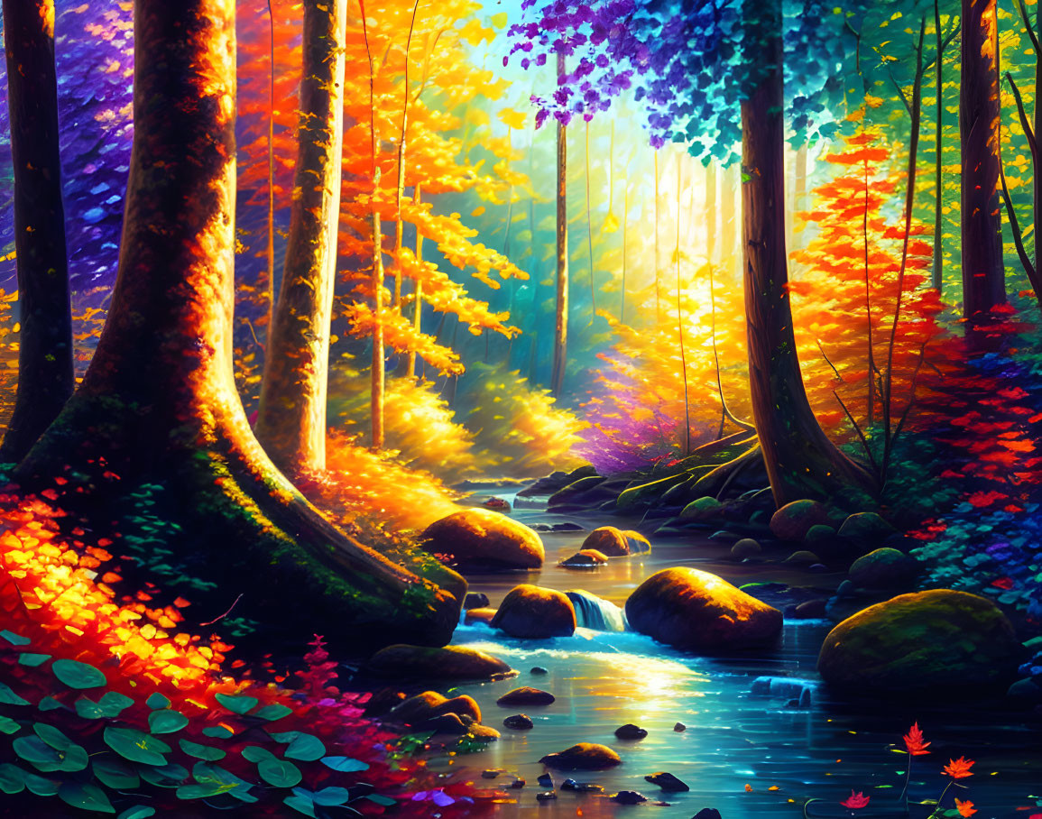 Colorful Forest Scene with Sunlight and Stream