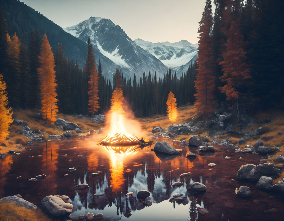 Autumnal bonfire reflected in mountain lake amid larches and snowy peaks