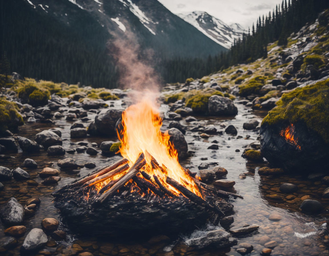 Scenic campfire by river with mountains