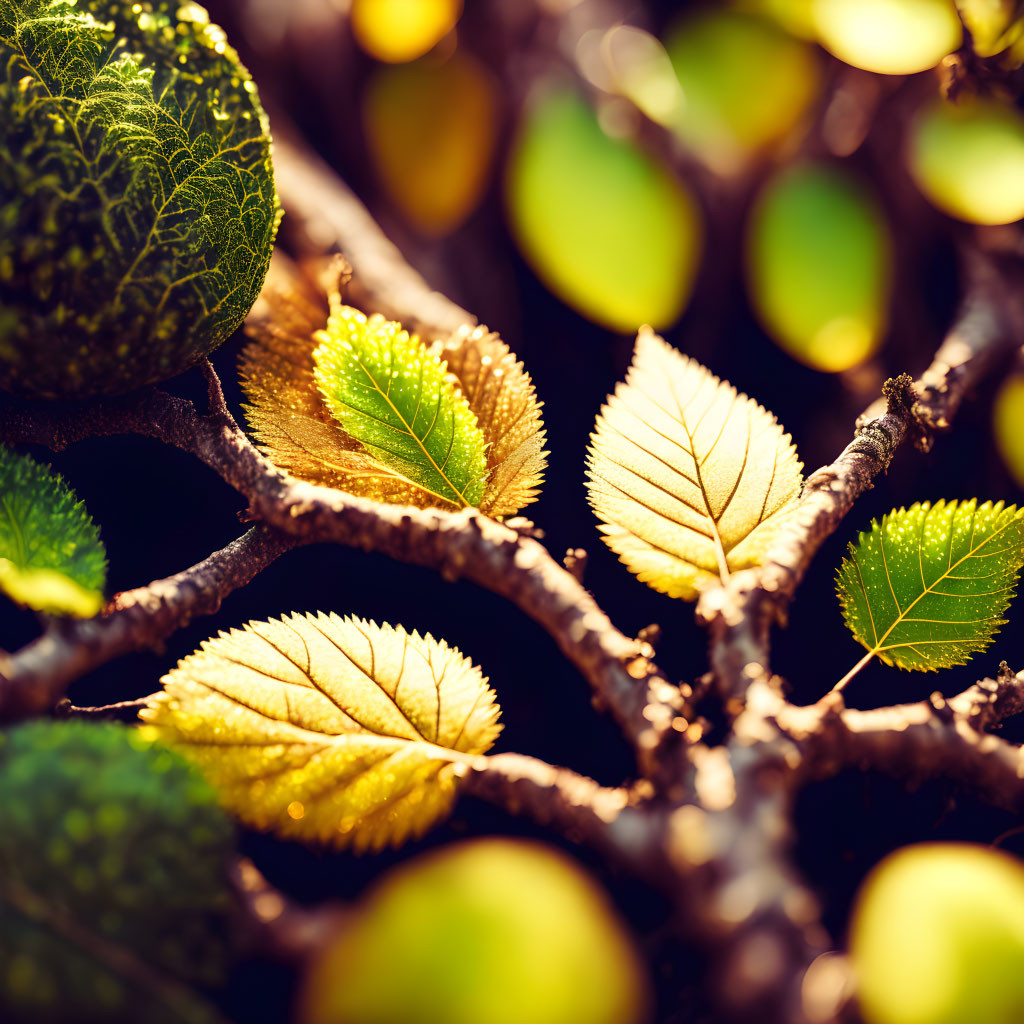 Detailed view of sunlit tree leaves with intricate vein patterns and gradient of green hues against blurred background