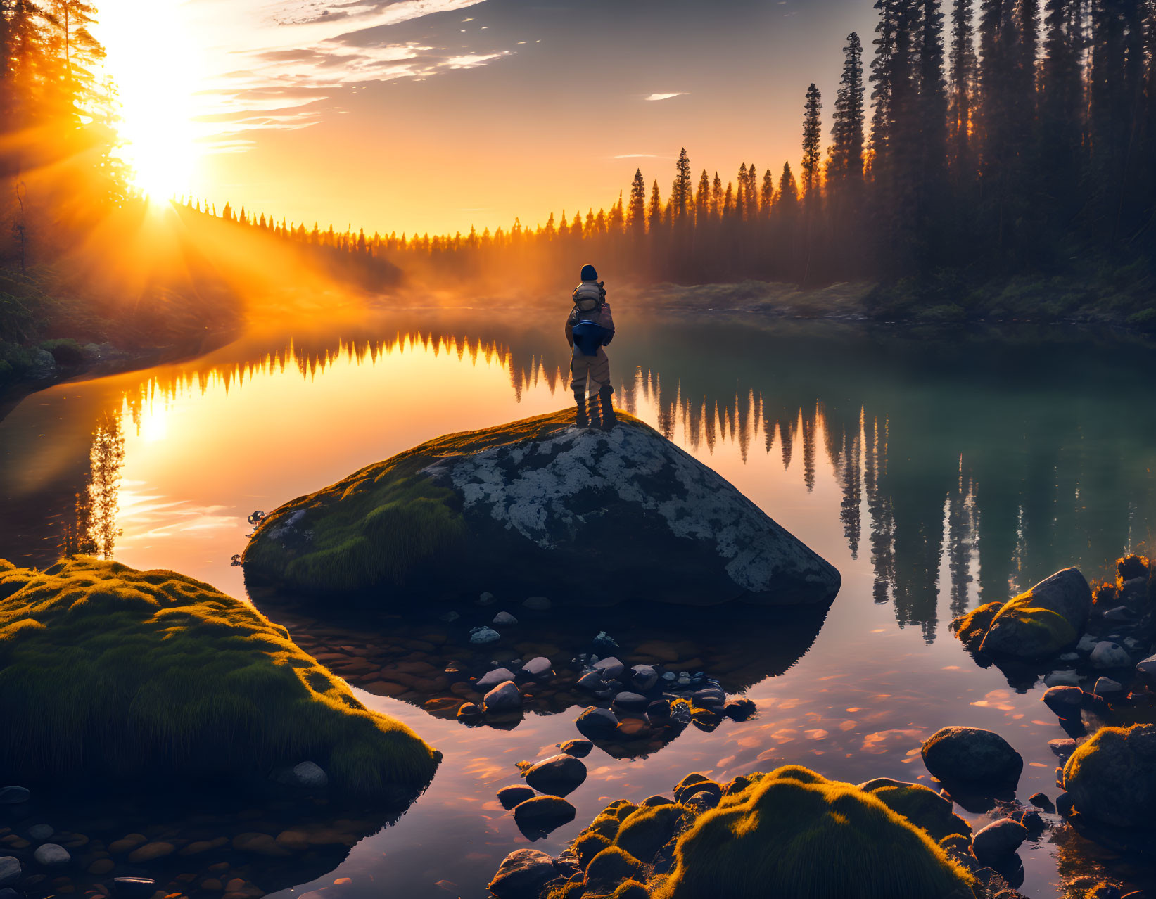 Person standing on rock in tranquil river at sunset with forest backdrop