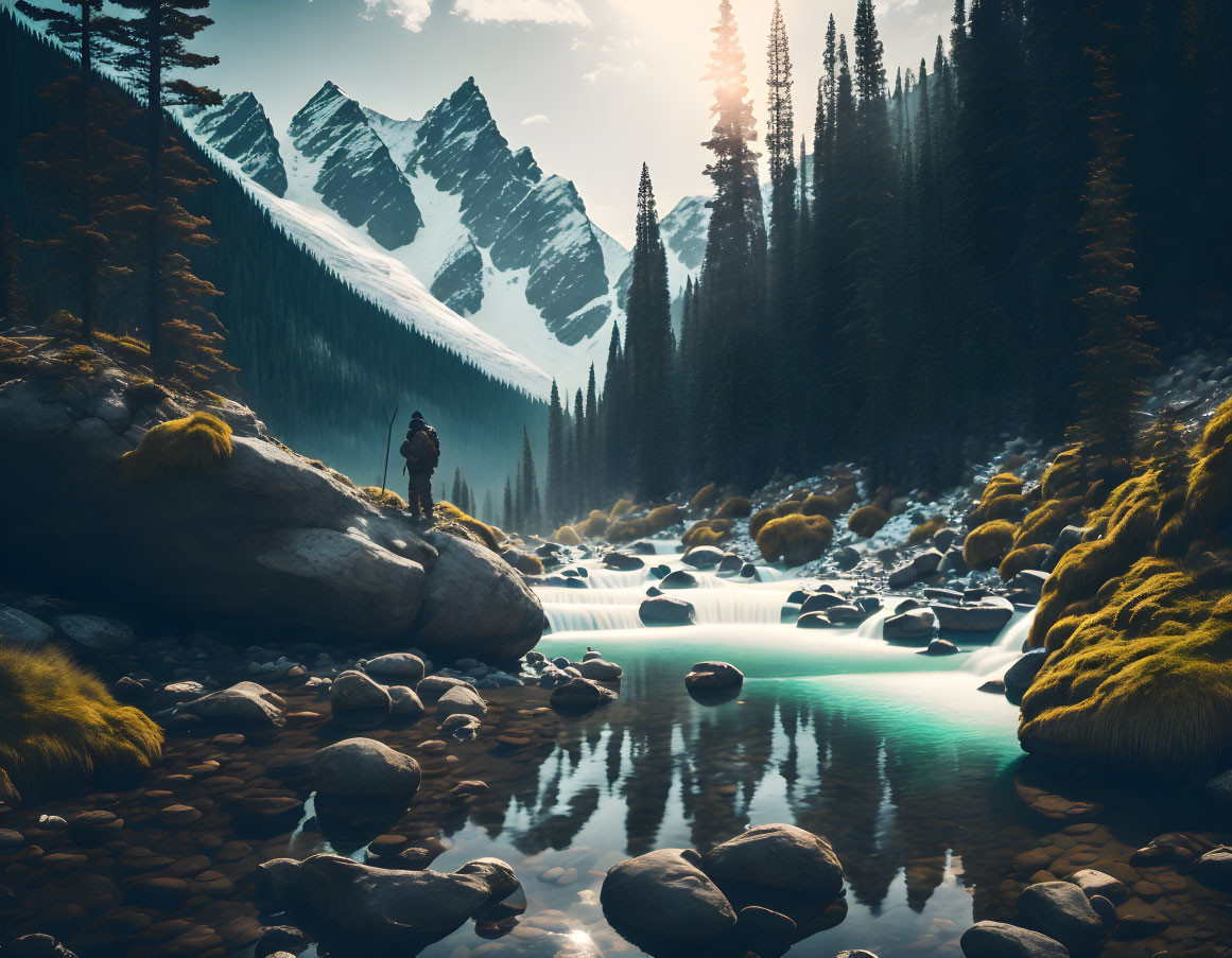 Serene mountain river with pine trees and snow-capped peaks