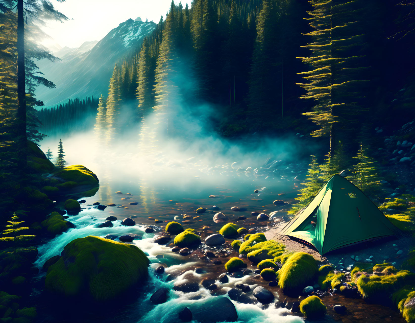 Tranquil camping scene by misty river with tent on mossy bank