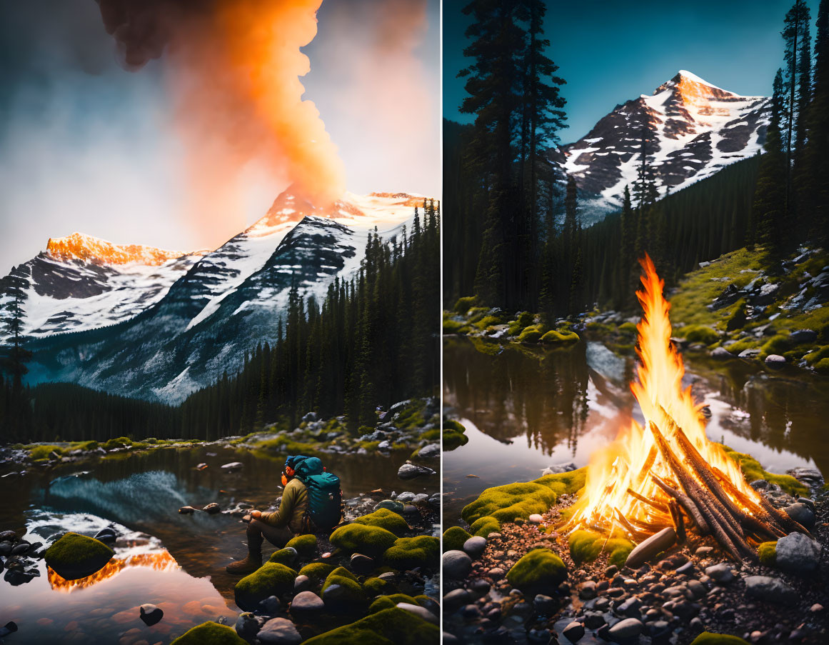 Snow-capped mountains reflected in serene water with person by campfire