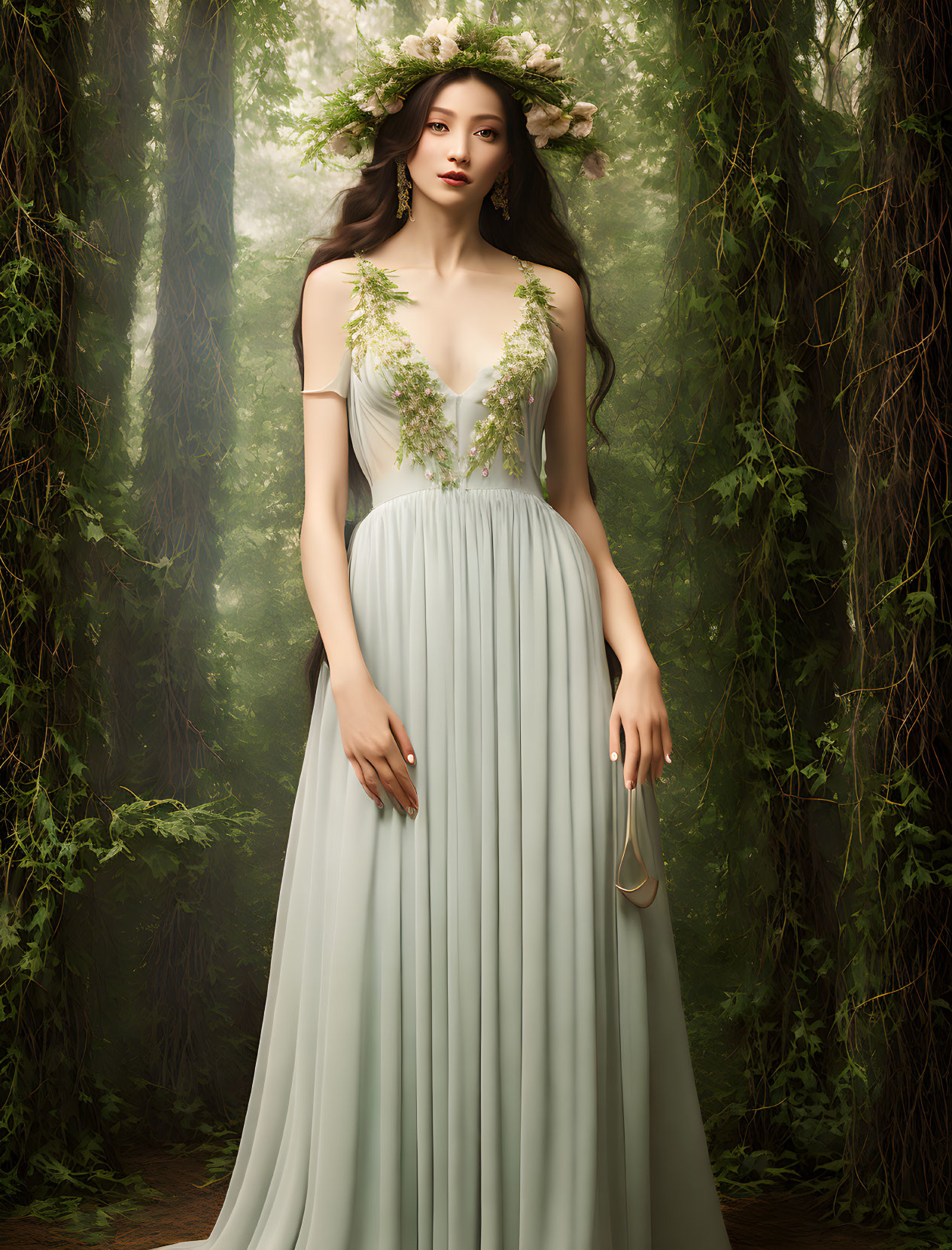 Woman in pale gown with floral wreath in serene forest