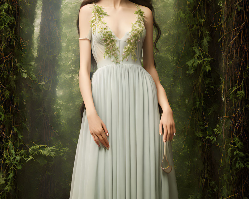 Woman in pale gown with floral wreath in serene forest