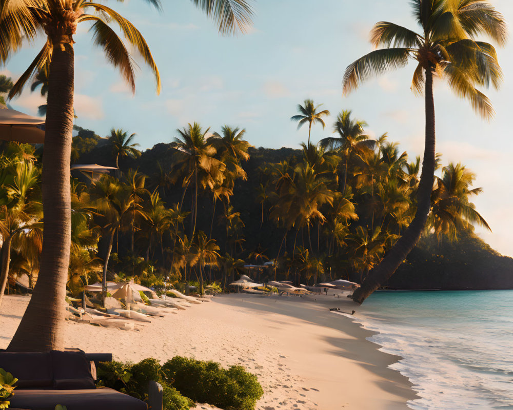 Tropical Beach Sunset Scene with Palm Trees and Calm Sea