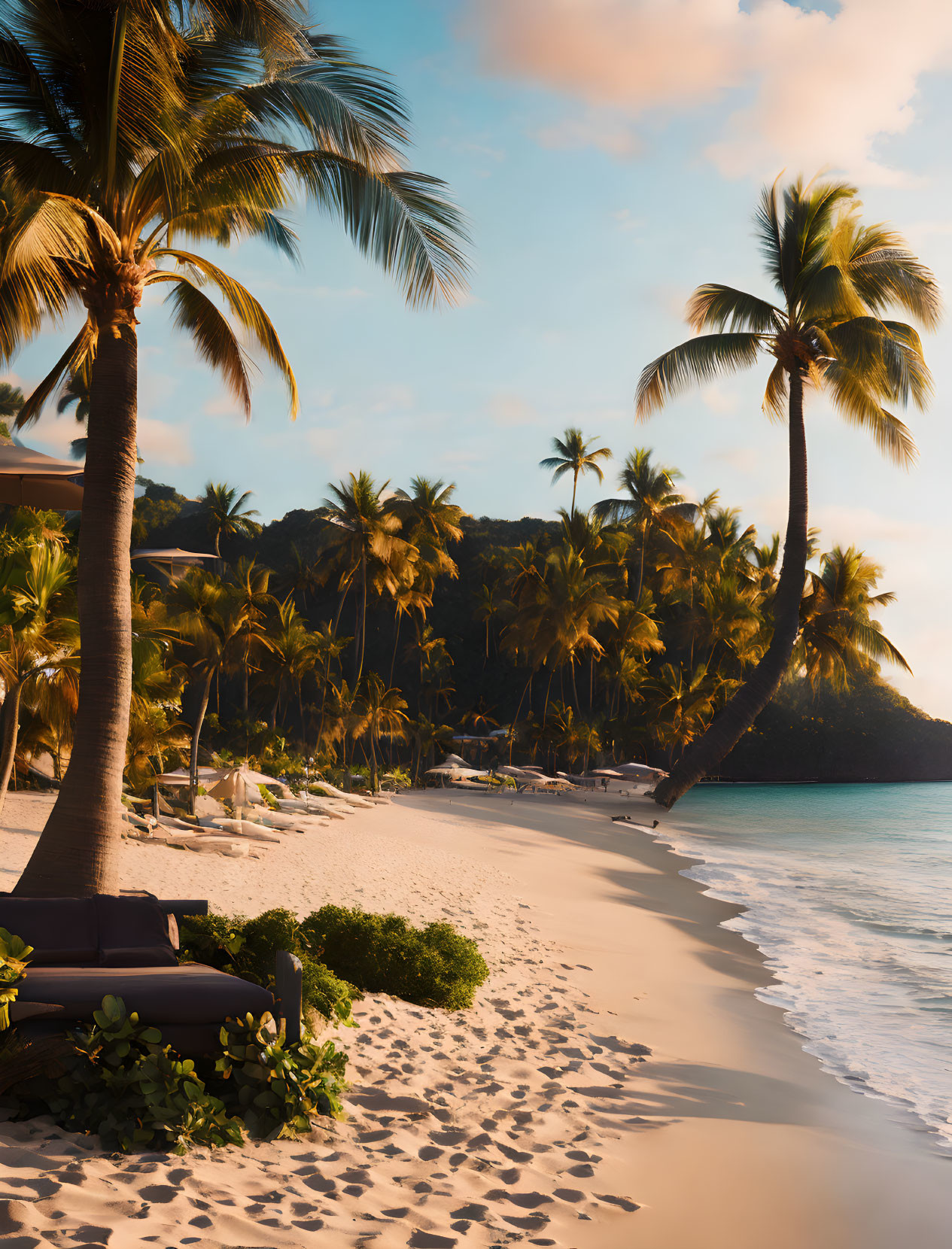 Tropical Beach Sunset Scene with Palm Trees and Calm Sea