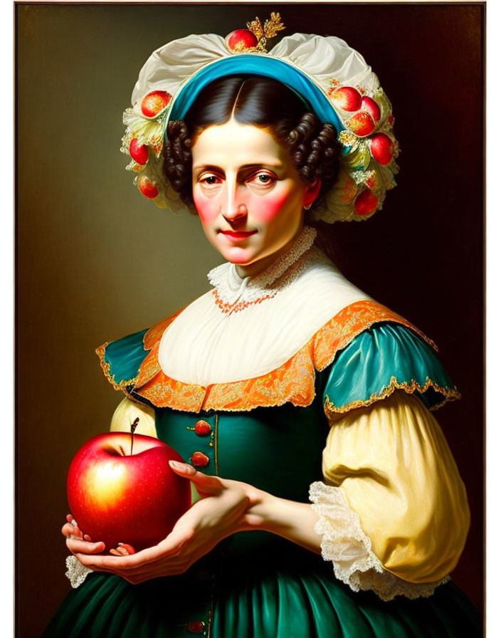 Traditional woman in bonnet holding an apple with rosy cheeks