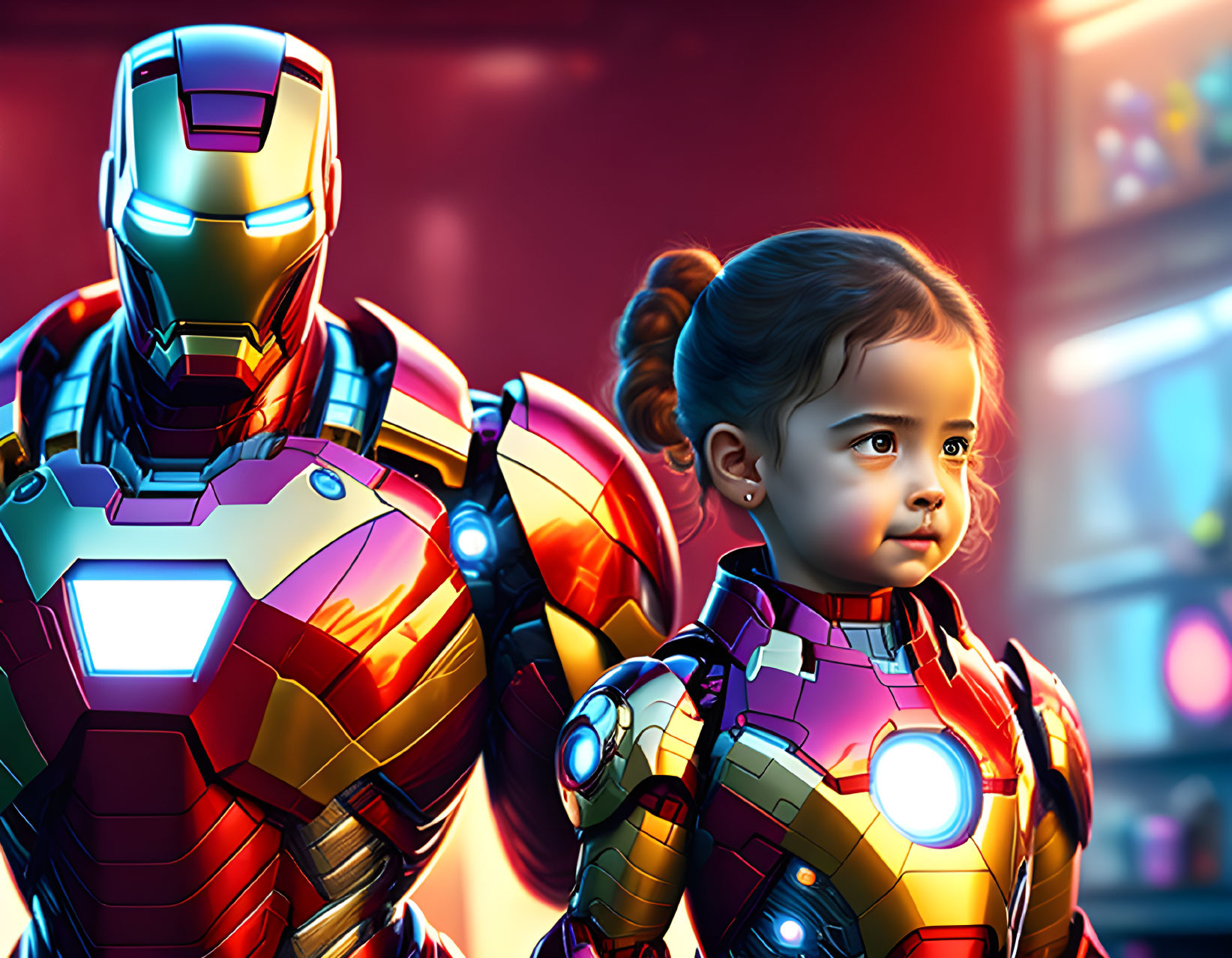 Young girl and Iron Man suit standing together with glowing arc reactor