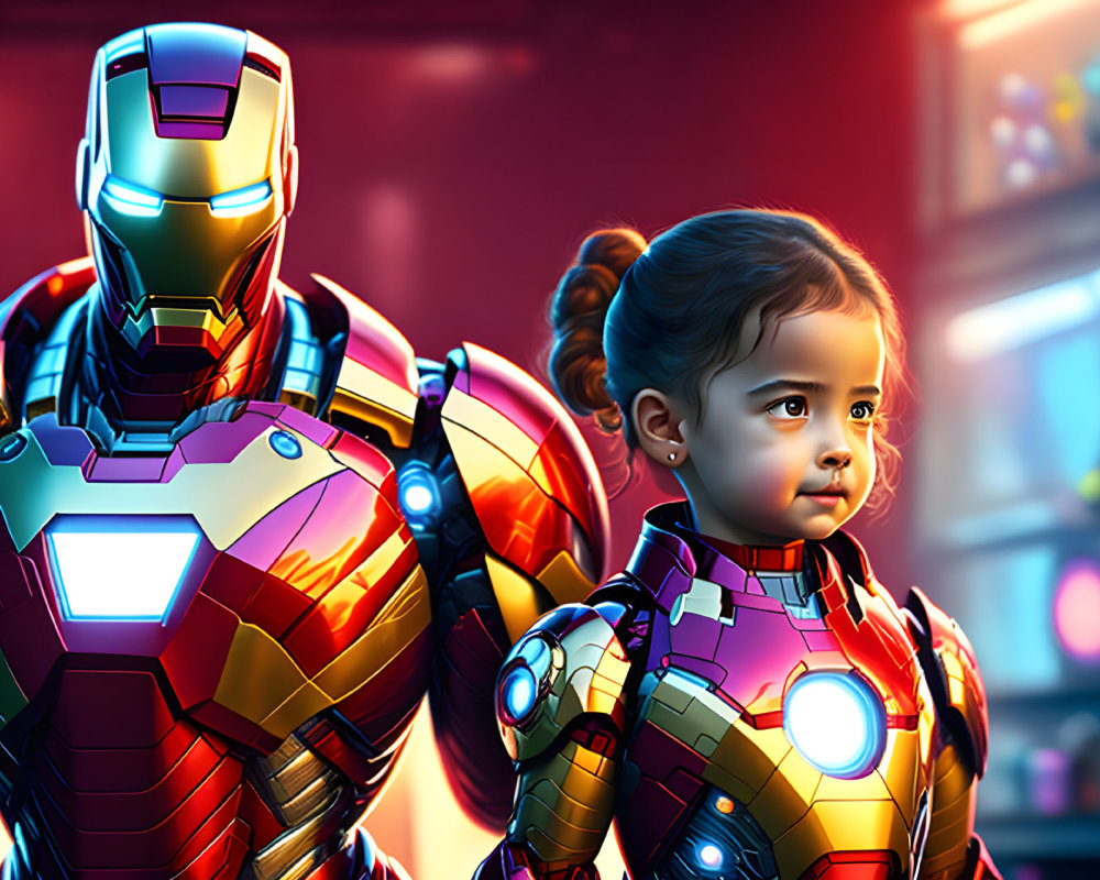 Young girl and Iron Man suit standing together with glowing arc reactor