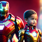 Young girl and Iron Man suit standing together with glowing arc reactor