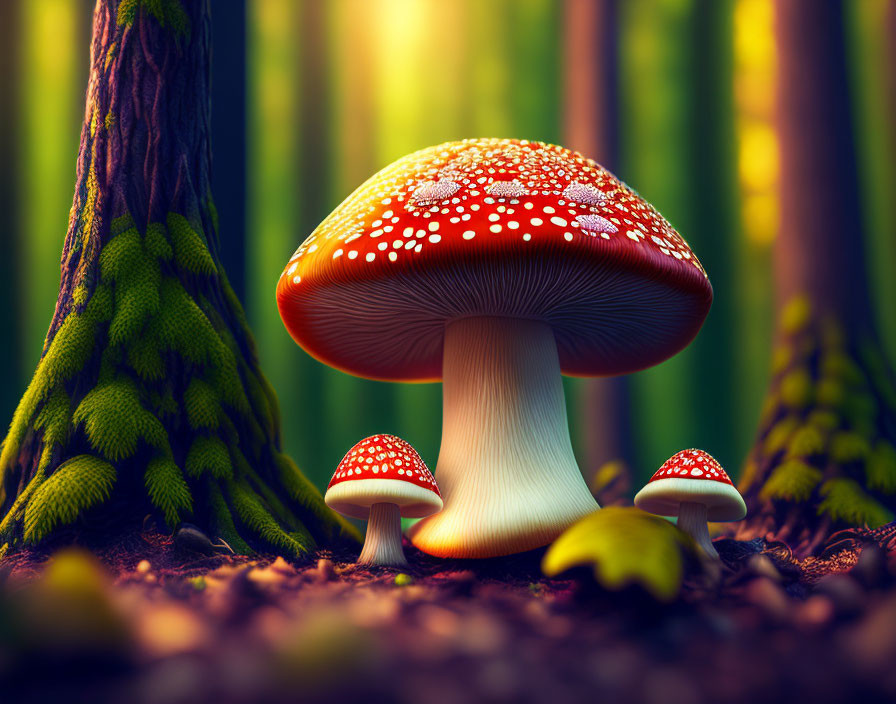 Vibrant red mushroom with white spots in surreal forest setting