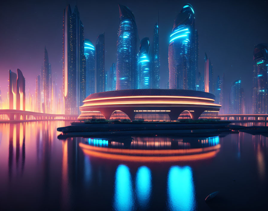 Futuristic cityscape at dusk with glowing neon lights and sleek skyscrapers.