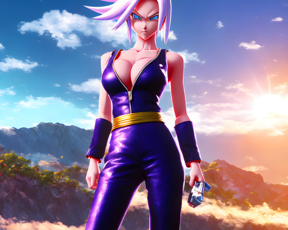 Colorful animated character with pink hair in purple outfit against mountain backdrop