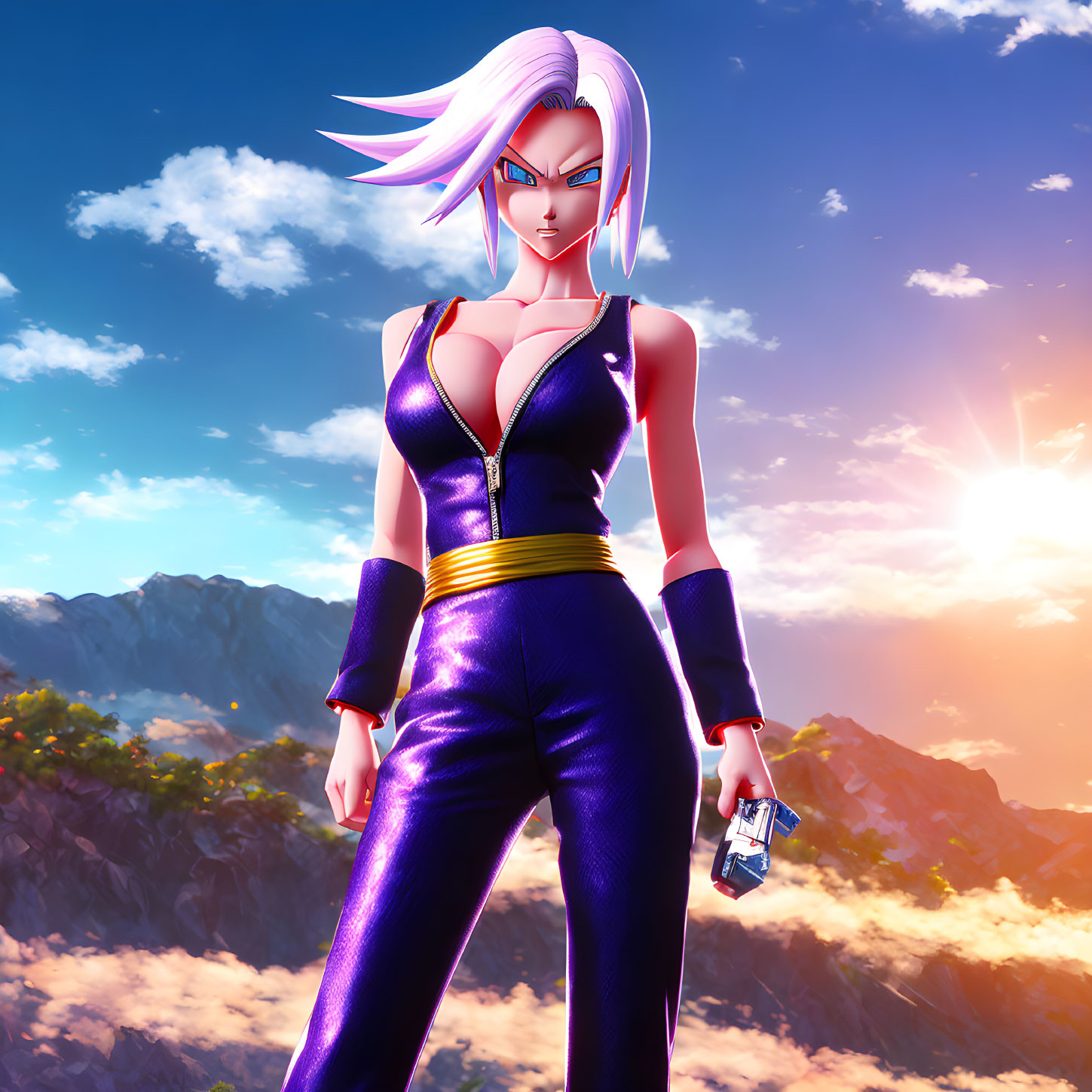 Colorful animated character with pink hair in purple outfit against mountain backdrop