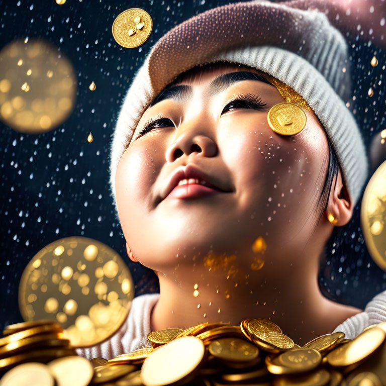 Person in Beanie Smiling Amid Golden Coins and Starry Night