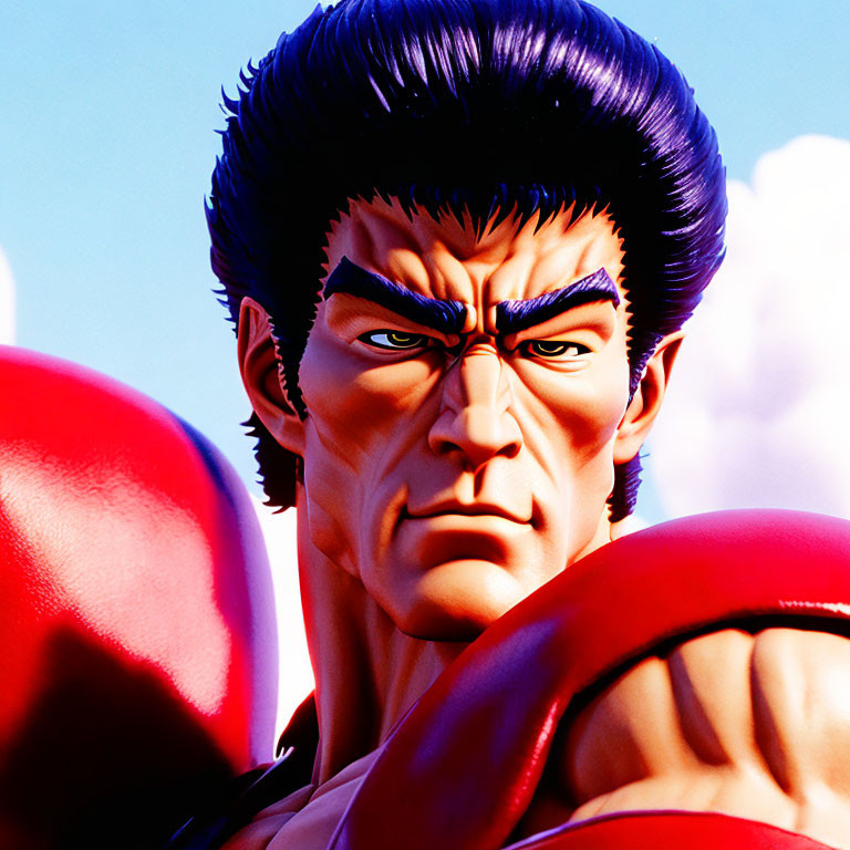 Muscular animated character with pompadour hairstyle in 3D rendering