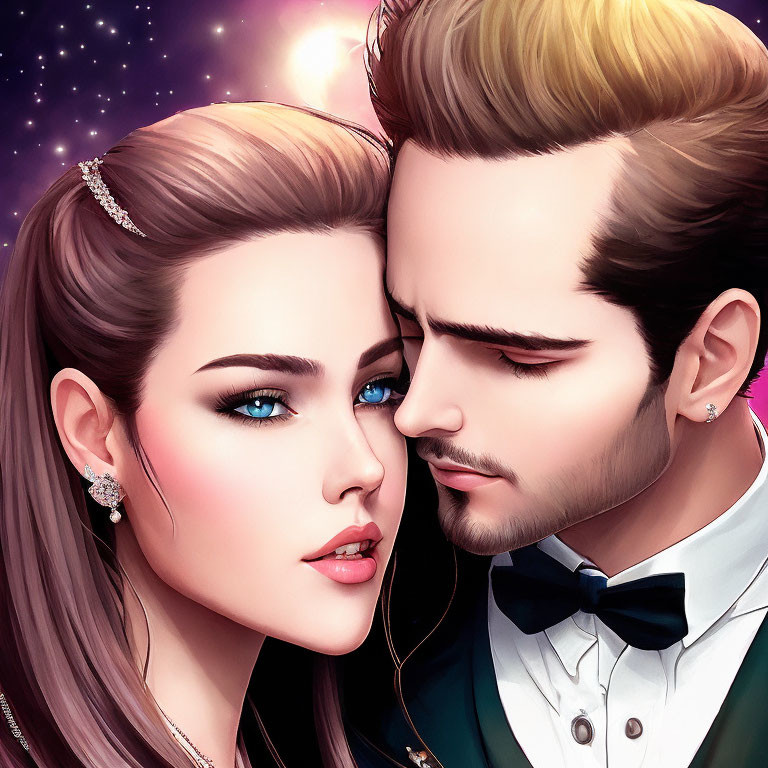 Detailed Stylized Couple Illustration with Crystal Headpiece and Formal Suit Against Starry Background