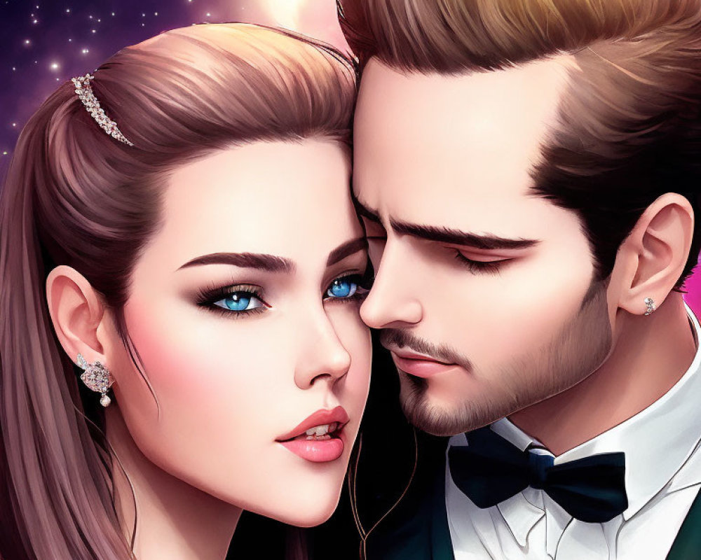 Detailed Stylized Couple Illustration with Crystal Headpiece and Formal Suit Against Starry Background