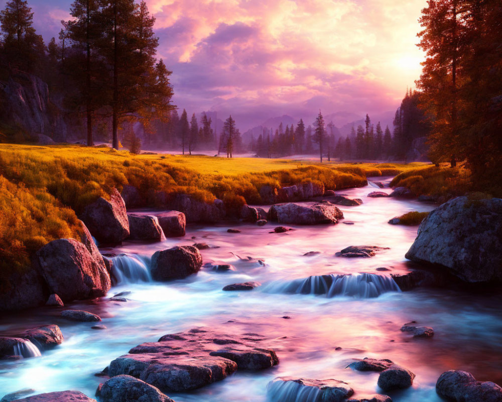 Tranquil river with cascades in lush landscape under vibrant sunset.