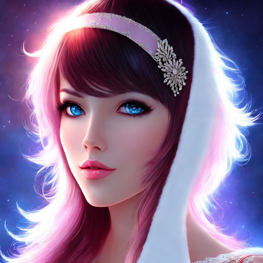 Vivid Blue-Eyed Woman with Pink Hair and Sparkling Headband on Starry Background