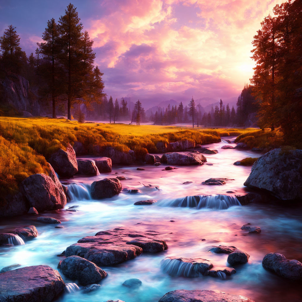 Tranquil river with cascades in lush landscape under vibrant sunset.