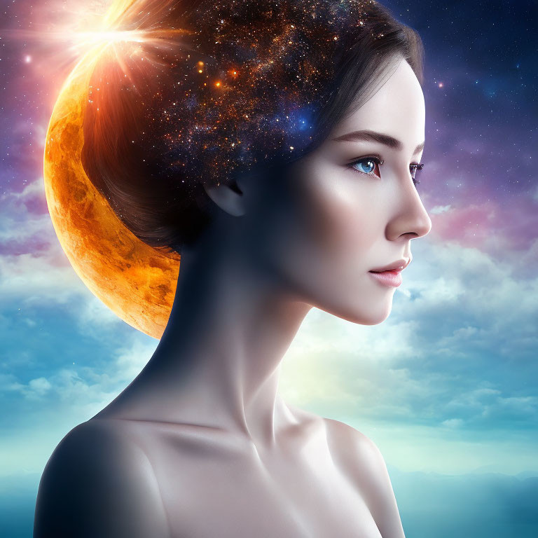 Surreal portrait of woman with cosmic hairstyle in starry sky.