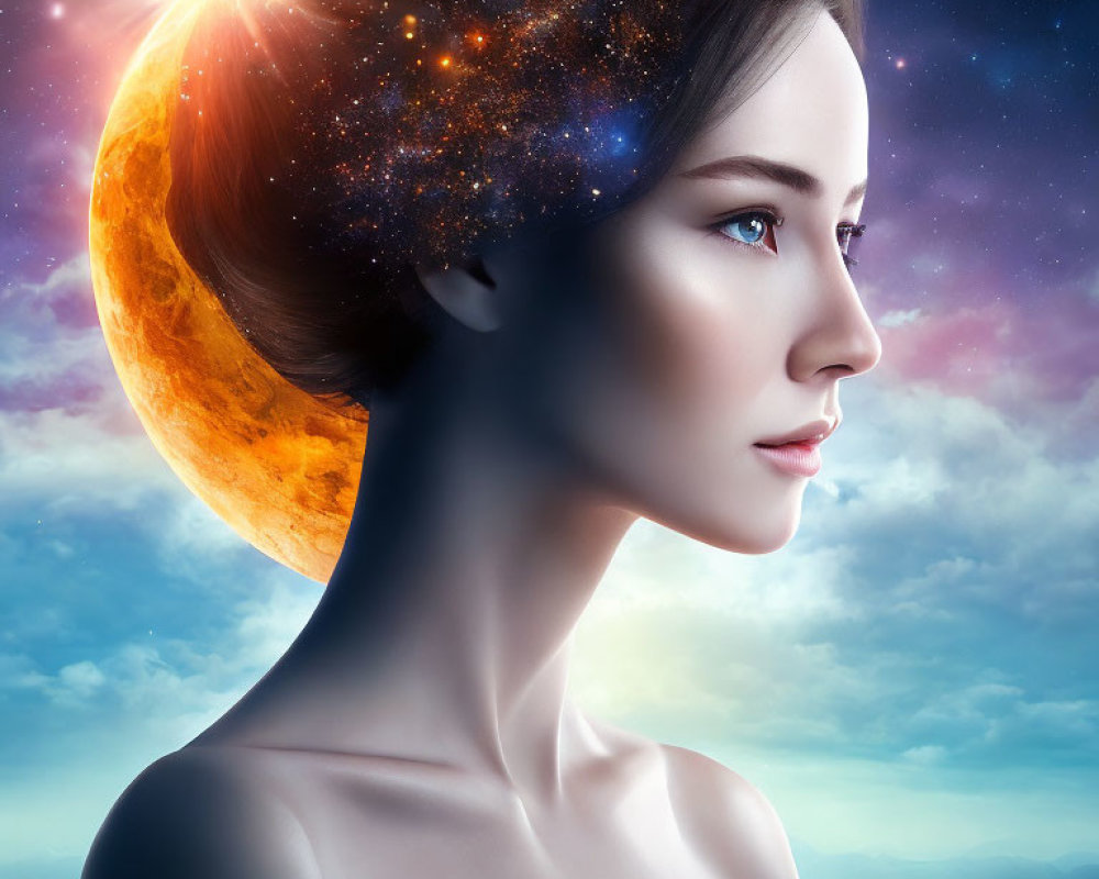 Surreal portrait of woman with cosmic hairstyle in starry sky.